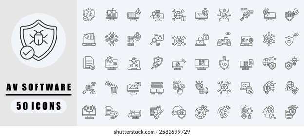 AV Software outline icon set. Covers Anti malware, Phishing, Virus scan, Cyber security, Antivirus, Cyber attack, Antivirus solution. Simple vector illustration.