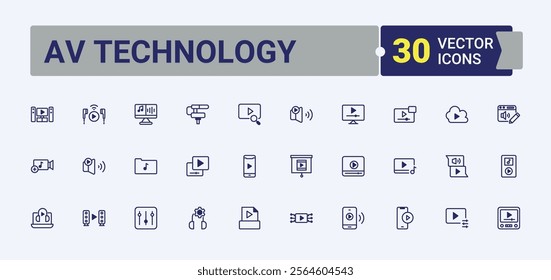 AV Technology icons set. Includes thin line digital, Audio, video, pictogram, thin, outline and more. Thin linear style icons. Solid line editable vector illustration.