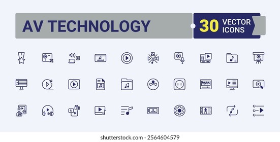 AV Technology icons set. Includes thin line digital, Audio, video, pictogram, thin, outline and more. Thin linear style icons. Solid line editable vector illustration.