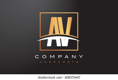AV A V Golden Letter Logo Design with Swoosh and Rectangle Square Box Vector Design.
