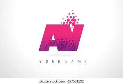 AV A V Letter Logo with Pink Letters and Purple Color Particles Dots Design.