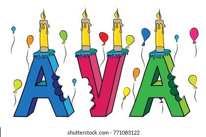 Ava first name bitten colorful 3d lettering birthday cake with candles and balloons.