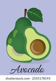  Avacado and Avocado slices vector flat design illustration,  Green Avocado hand drawn flat vector icon isolated on Purple. Fresh fruit symbol in flat style Tropical Furits Vector ,Eps 10
