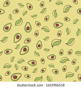 avacado, fruits and leaves, on a yellow background seamless chaotic pattern cute doodle, for fabric design home textile kitchen decoration vector illustration