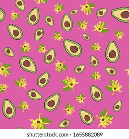 avacado with yellow flowers on a pink background cute doodle seamless pattern, for fabric design home textile kitchen decoration vector illustration