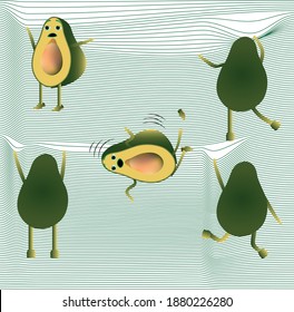 avacados are crawling on an abstract surface, one of them has fallen off and falls.