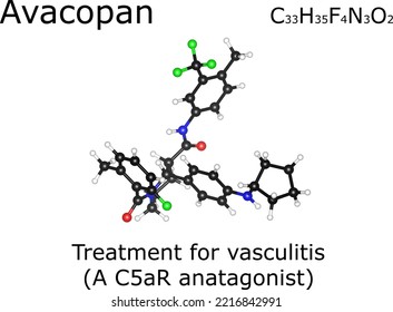 Avacopan chemical formula and chemical structure; Avacopan is a drug used for the treatment of anti-neutrophil cytoplasmic (auto)antibody (ANCA)-associated vasculitis; a C5aR antagonist