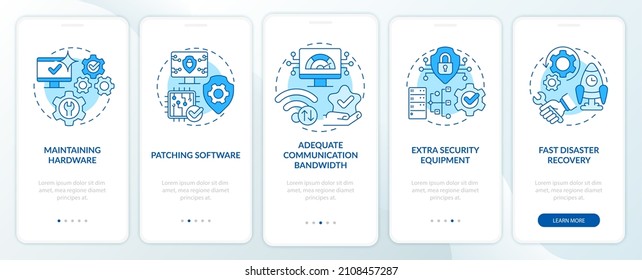 Availability blue onboarding mobile app screen. Data protection walkthrough 5 steps graphic instructions pages with linear concepts. UI, UX, GUI template. Myriad Pro-Bold, Regular fonts used