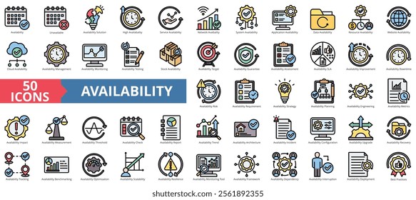 Availability icon collection set. Containing solution, service, network, system, application, data, resource icon. Simple flat color illustration