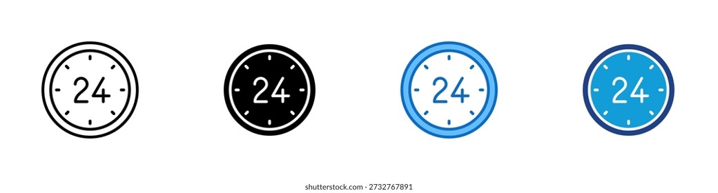 Availability Multiple Style Icon Design Vector - Clock with number twenty four display, representing availability, continuous access, and service readiness