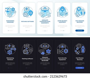 Availability night and day mode onboarding mobile app screen. Protection walkthrough 5 steps graphic instructions pages with linear concepts. UI, UX, GUI template. Myriad Pro-Bold, Regular fonts used