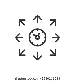 Available at all times, in line design. Available at all times, 24 for 7, always accessible, open availability, anytime service on white background vector. Available at all times editable stroke icon