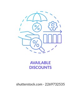 Available discounts blue gradient concept icon. Insurance company. Policyholders advantages abstract idea thin line illustration. Isolated outline drawing. Myriad Pro-Bold font used