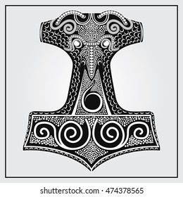 ALSO AVAILABLE HERE: https://www.etsy.com/ru/listing/495233622/mjolnir-thors-hammer-digital

Thor's Hammer replica. Mjolnir. Viking amulet. Design element. Vector logo symbol. 