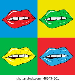 Available in high-resolution and several sizes to fit the needs of your project. Vector illustration in pop-art style. Color lips on color background.