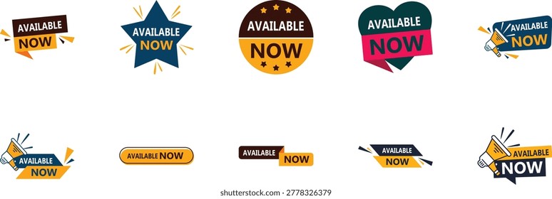 Available Now Badges Set: Modern Banners and Labels for Promotions
