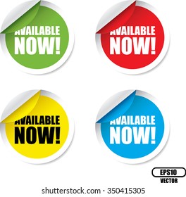 Available Now Colorful Label, Sticker, Tag, Sign And Icon Banner Business Concept, Design Modern. Vector illustration.