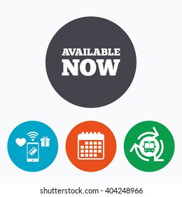 Available now icon. Shopping button symbol. Mobile payments, calendar and wifi icons. Bus shuttle.