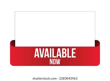 Available now message on ribbon banner. Vector illustration.
