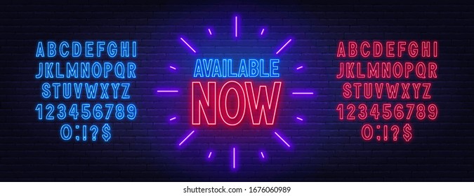 Available now neon sign on brick wall background.
