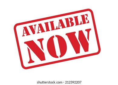 AVAILABLE NOW red Rubber Stamp vector over a white background.