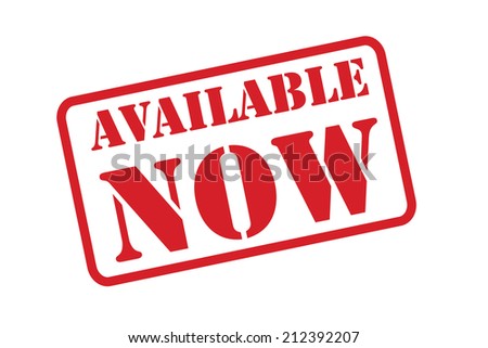 AVAILABLE NOW red Rubber Stamp vector over a white background.