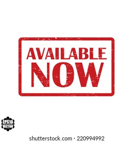 Available now rubber stamp on white background, vector illustration. 