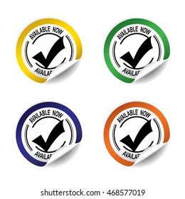 Available now sticker, button, label and sign set - vector