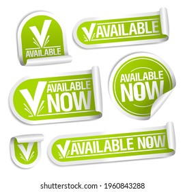 Available now stickers vector set, symbols for web