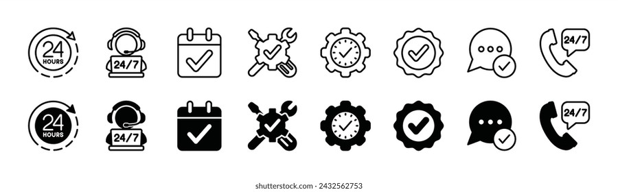 Available service and support icon set. Containing 24 hours, contact call center, calendar, technical assistance, time management, help desk, chat communication. Vector illustration