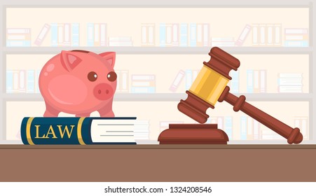 Available Services Law Firm Company Vector Flat. Firm Is Engaged In Preparation In Court Cases Building. Book With Piggy Bank Helps Young Professionals. Gavel Court Judge Jury Room.