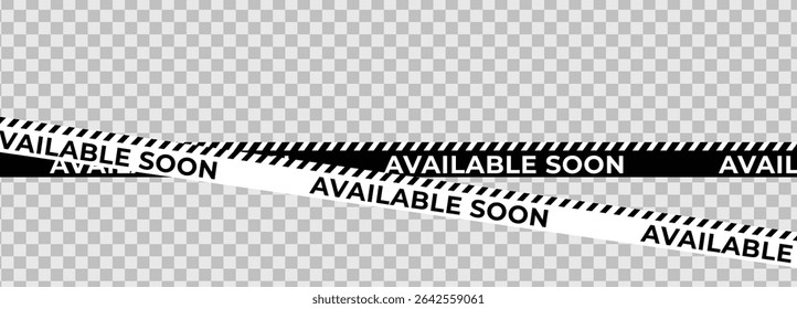 Available Soon Banner Tape with Transparent Background. Perfect for Sale Promo Design, Marketing Announcement, Web Banner Mockup, Product Launch, and Social Media Post. Vector Illustration.