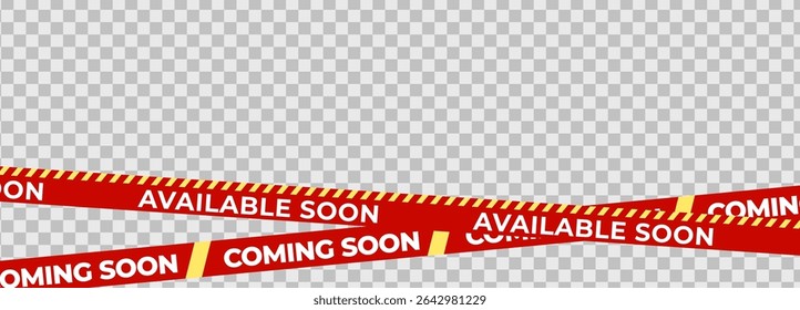 Available Soon Coming Soon Banner Tape with bold white text and red stripes. Perfect for store opening, promo teaser, product launch, campaign notice or web advertisement. Vector Illustration.