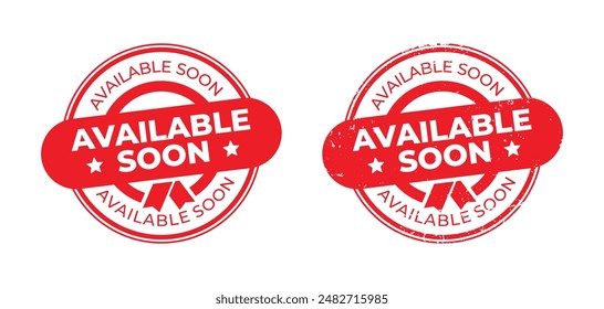 Available soon red rubber stamp grunge vintage ribbon isolated on white. For icon, logo, label, insigna, seal, tag, sign, seal, symbol, badge, sticker, emblem, banner, etc. Vector Illustration