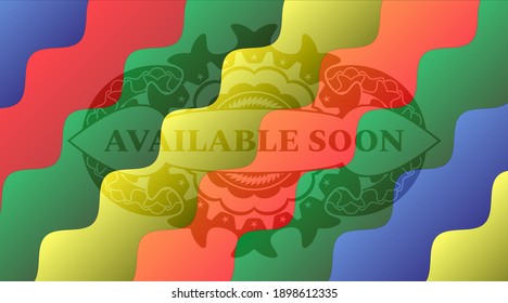 disponible pronto texto dentro de la placa multicolor de caramelo colorido. Fondo curvado de lujo. Ilustración vectorial. 