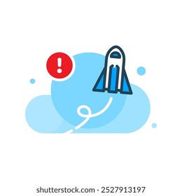 available update concept illustration. rocket launching upwards with clouds and exclamation mark for progress, new improvements, technology, software updates, innovation, and business themes