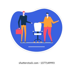 Available vacancy - flat design style colorful illustration on white background. Unusual composition with male HR managers searching for a candidate, new employee, showing the free chair, workplace