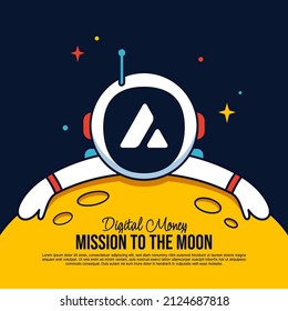 Avalanche AVAX Astronaut hugging the Moon cartoon background, Mission to the moon background, Cryptocurrency mining and financial concept