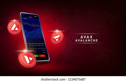 Moneda de Avalanche (AVAX) y teléfono. Aplicación para intercambiar moneda criptográfica en el smartphone de pantalla táctil. Análisis de datos en el mercado de valores. Tendencias y estrategia financiera. La criptodivisa bancaria móvil. Vector 3d. 