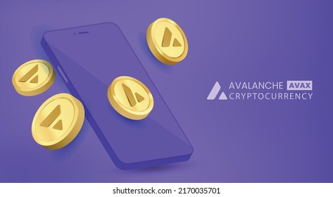 Monedas de oro 3D AVAX cripto de Avalanche AVAX con smartphone en plantilla de ilustración de vector de fondo