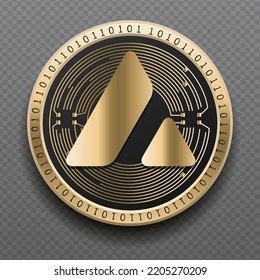 Avalanche (AVAX) cryptocurrency golden coin isolated in transparent background. Virtual currency token symbol vector illustration based on cryptography and block chain technology.