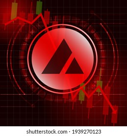Avalanche (AVAX) cryptocurrency value price fall drop concept design. Glowing Dash Coin on red candle stick charts with black and red background.Vector Illustration.EPS10.