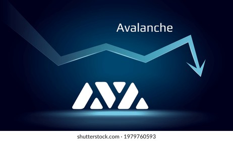 Avalanche AVAX in downtrend and price falls down. Cryptocurrency coin symbol and down arrow. Uniswap crushed and fell down. Cryptocurrency trading crisis and crash. Vector illustration.