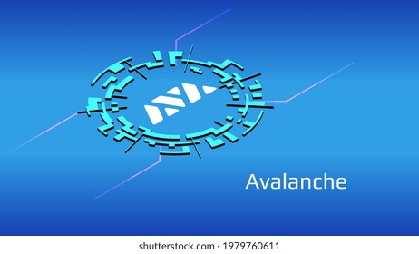 Avalanche AVAX isometric token symbol of the DeFi project in digital circle on blue background. Cryptocurrency coin icon. Decentralized finance programs. Vector illustration.