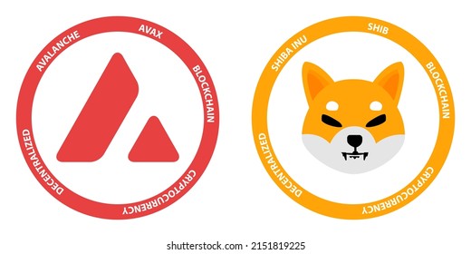 Avalanche AVAX and Shiba Inu SHIB crypto logos. Cryptocurrency symbol set vector illustration template