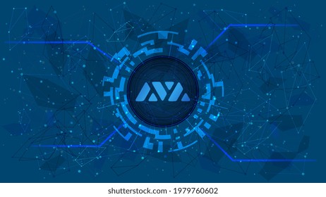Avalanche AVAX token symbol of the DeFi project in digital circle with cryptocurrency theme on blue background. Cryptocurrency coin icon. Decentralized finance programs. Vector illustration.