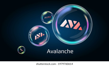 Avalanche AVAX token symbol in soap bubble, coin DeFi project decentralized finance. The financial pyramid will burst soon and destroyed. Vector illustration.