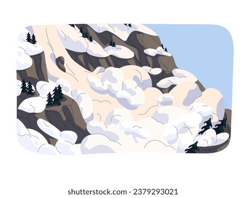 Avalanche, blizzard, earthquake in mountains. Snow landslide, landslip at winter. Snowslide on rock hill, snowy wave slide, slip down. Alpine landscape. Natural disaster flat vector illustration