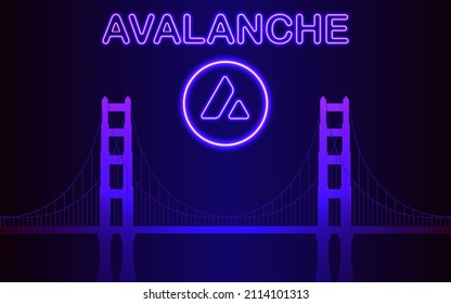 Avalanche blockchain bright text, AVAX cryptocurrency glowing logo and neon exchange bridge.