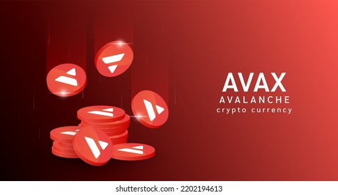 Avalanche coin falling or flying with pile of coins. Cryptocurrency banner. Crypto currency on red background. Vector 3d illustration. 
